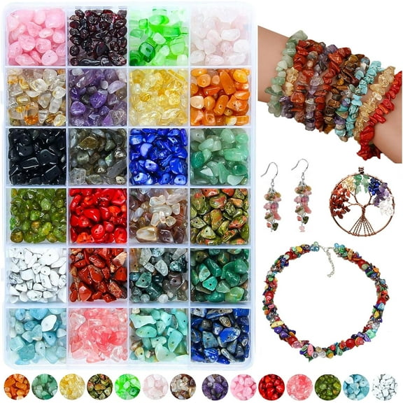 24 Colors 1200Pcs Natural Chips Stone Beads Multicolor 5mm to 8mm Irregular Gemstone Healing Crystal Loose Rocks Bead Bulk Hole Drilled DIY Jewelry Making Craft for Bracelet Necklace Earrings