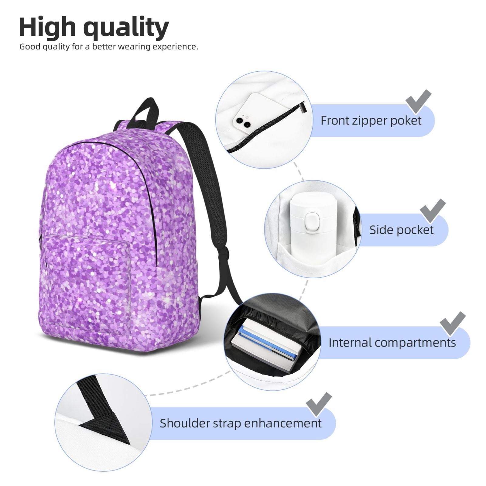 Rateoe Lilac Glittering Pattern Canvas College Laptop Backpack,Travel Daypack,Durable Rucksack Travel Notebook Bag School Backpack Book Bag for Men Women-Small