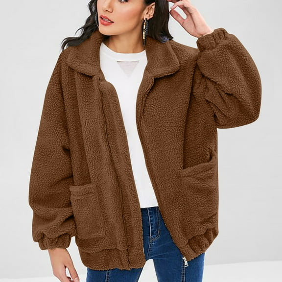 Aboser Womens Warm Fleece Jacket Coat Thick Sherpa Jackets Zipper Up Winter Coats Solid Long Sleeve Outerwear Fuzzy Plush Jacket with Pockets Brown S