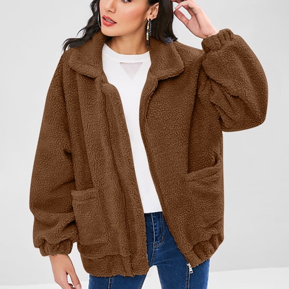 Aboser Veste en Polaire Chaude pour Femmes Manteau Épais Sherpa Fermeture Éclair Manteaux d'Hiver Manches Longues Extérieur Pelucheux avec Poches Marron m