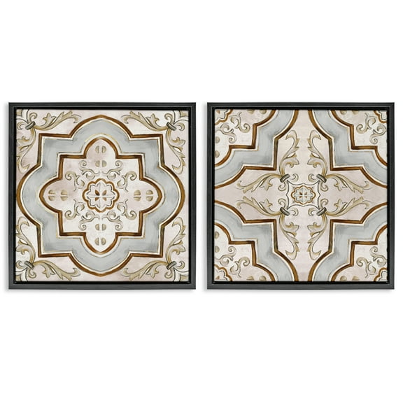 Stupell Industries Moroccan Tile in Neutrals Abstract Painting Black Floater Framed Canvas Art Print Wall Art, 18 x 18, Set of 2
