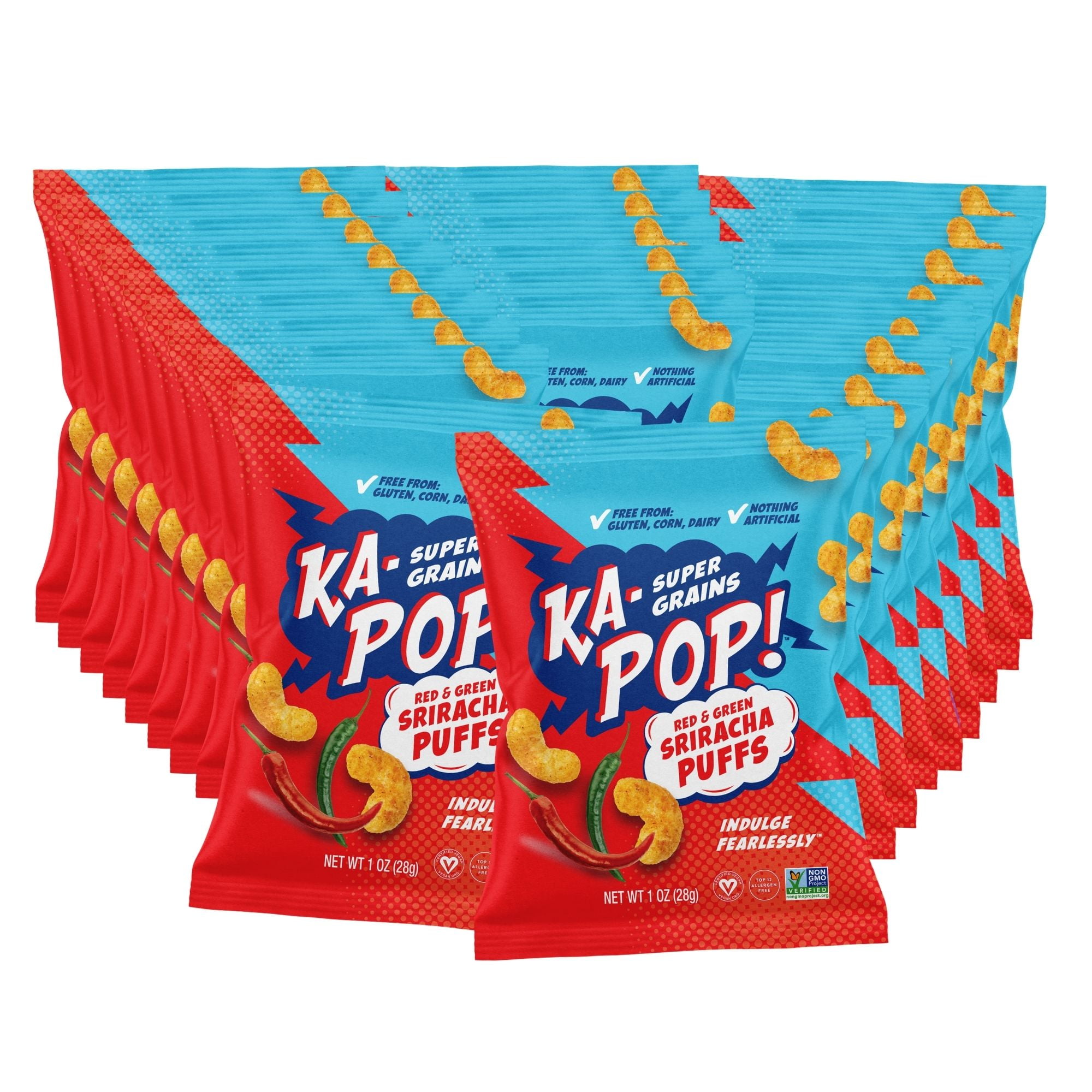 KaPop! Ancient Grain Puffs, Red & Green Sriracha (1oz, Pack of 24) Allergen Friendly,