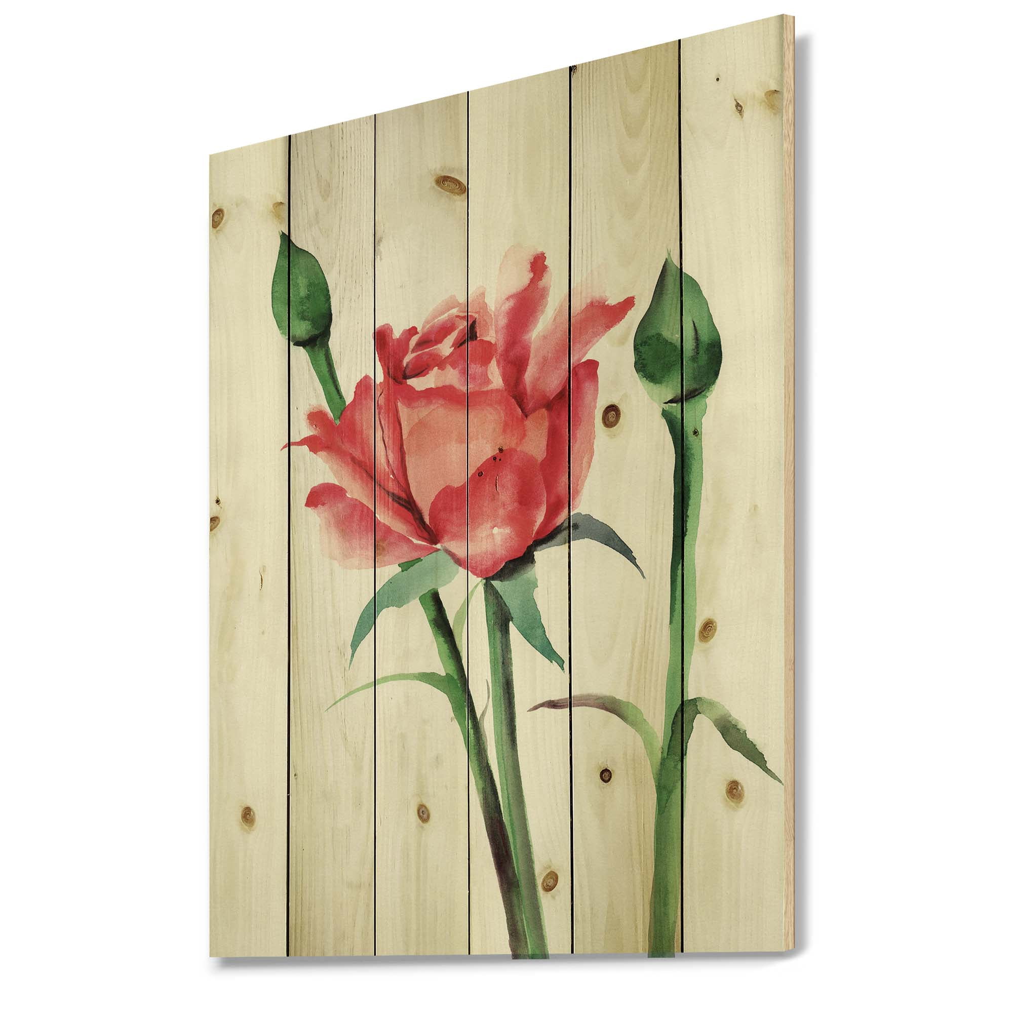 Designart 'Buds With Red Rose' Traditional Print on Natural Pine Wood