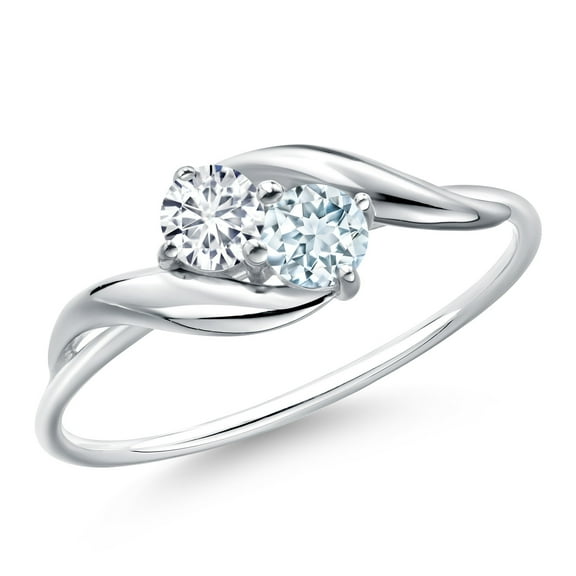 Gem Stone King 10K White Gold Round White Lab Grown Diamond and Sky Blue Aquamarine Ring for Women (0.34 Cttw, Round 3.5MM, Gemstone April Birthstone, Size 5)