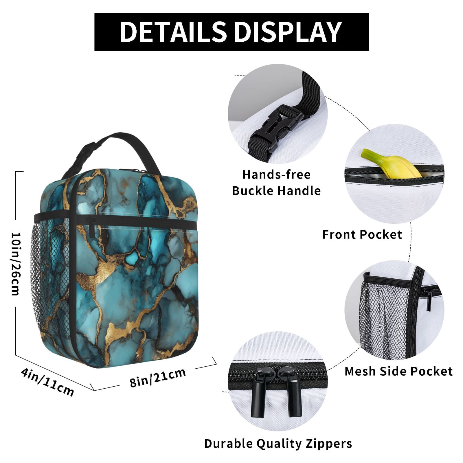 Lunch Bag For Women Men Insulated Portable Lunch Box Bento Box Office Picnic Travel Cooler Bag Teal Gold Marble
