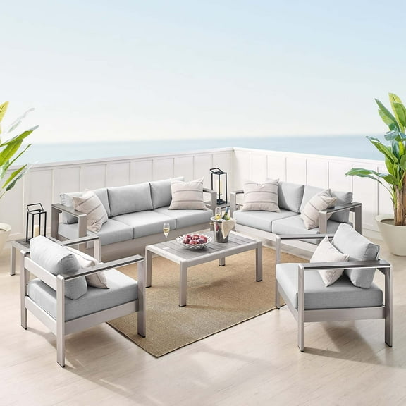 Modway Shore Sunbrella® Fabric Outdoor Patio Aluminum 7 Piece Set in Silver Gray
