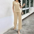 thumbnail image 5 of Scyoekwg Two Piece Outfits for Women Lounge Sets Solid Color Short Sleeve V-Neck Button Tops Wide Leg Pants Casual Tracksuit Sweatsuits Sets Loose Trendy Matching Sets (Khaki,S), 5 of 8