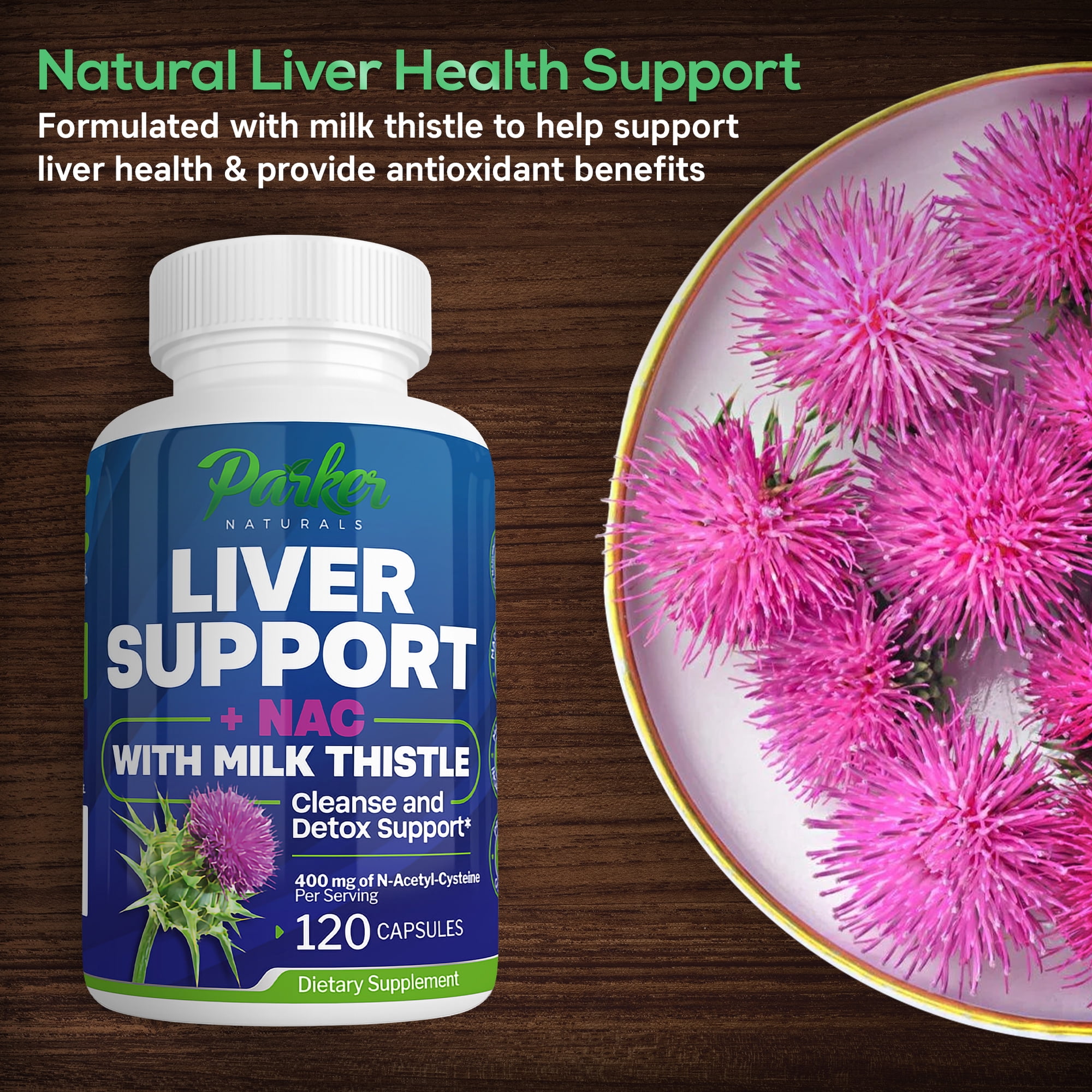 Parker Naturals Liver Support Capsules for Detox and Cleanse, Milk Thistle with NAC 400mg, Glutathione, Antioxidant, 120 Count