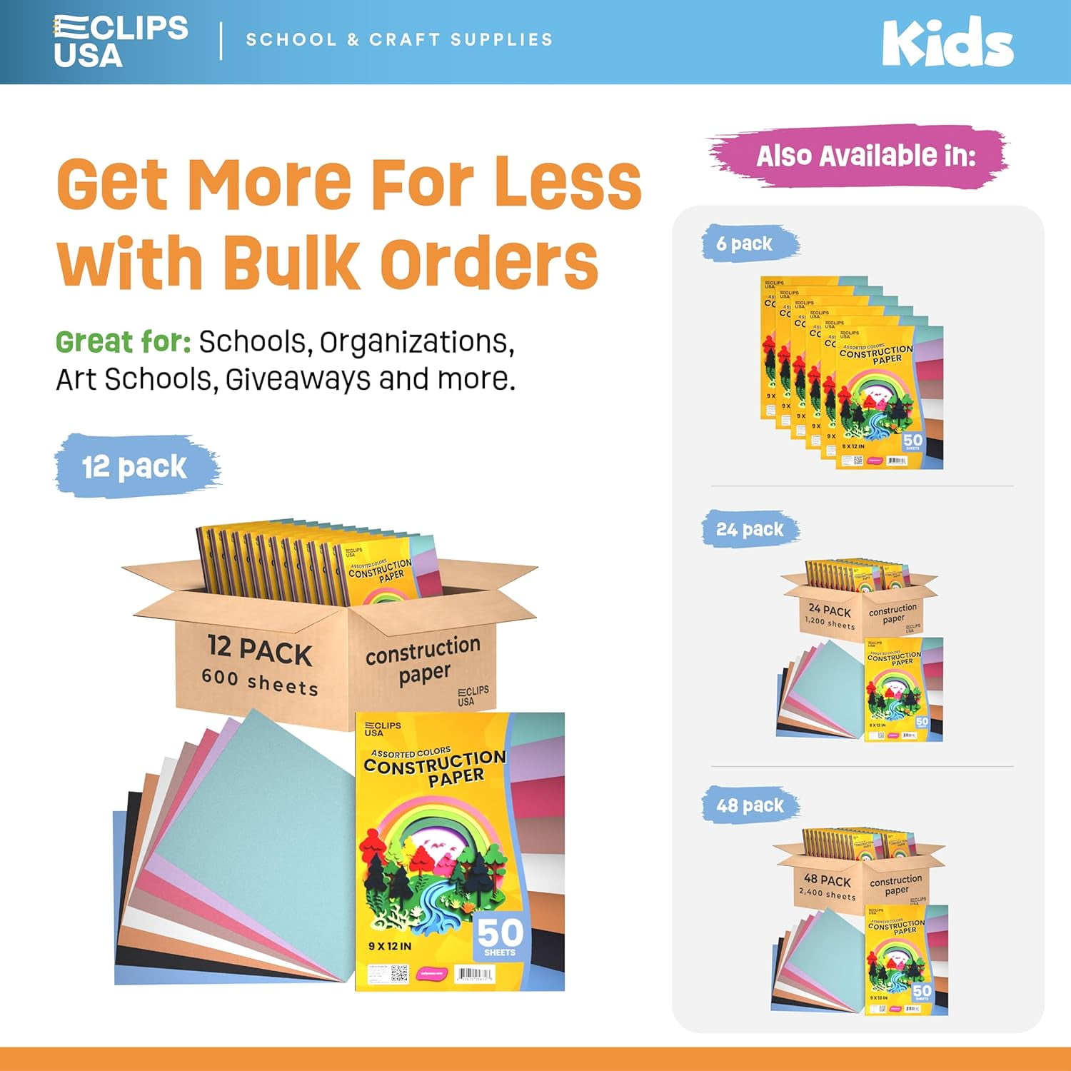 E-Clips USA 72-Sheet Construction Paper Book, Assorted Color Art Paper, 9” x 12”, 12-Pack