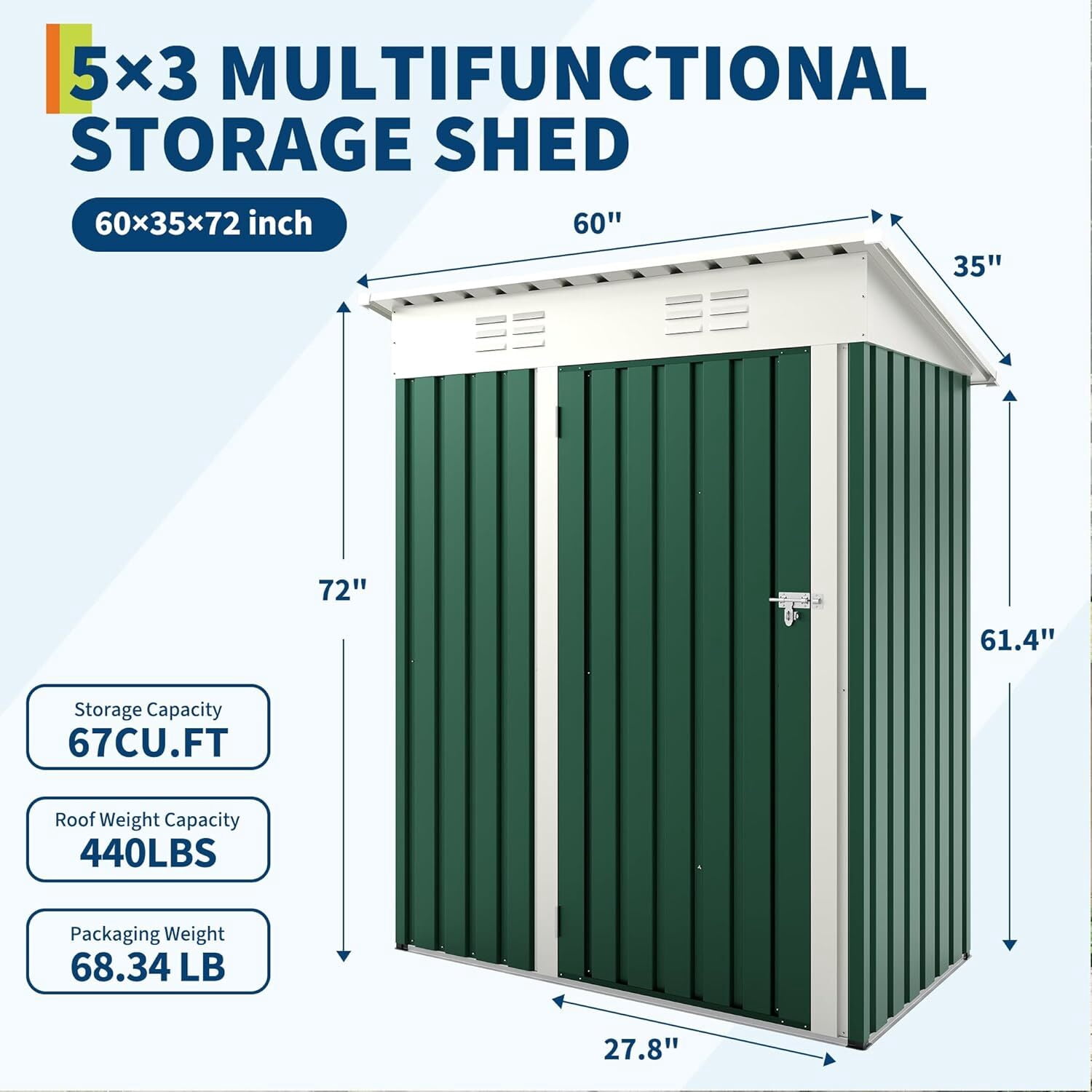 EuKer Metal Storage Sheds, 5ft x 3ft Small Outdoor Storage Shed with Lockable Door for Garden, Backyard, Green