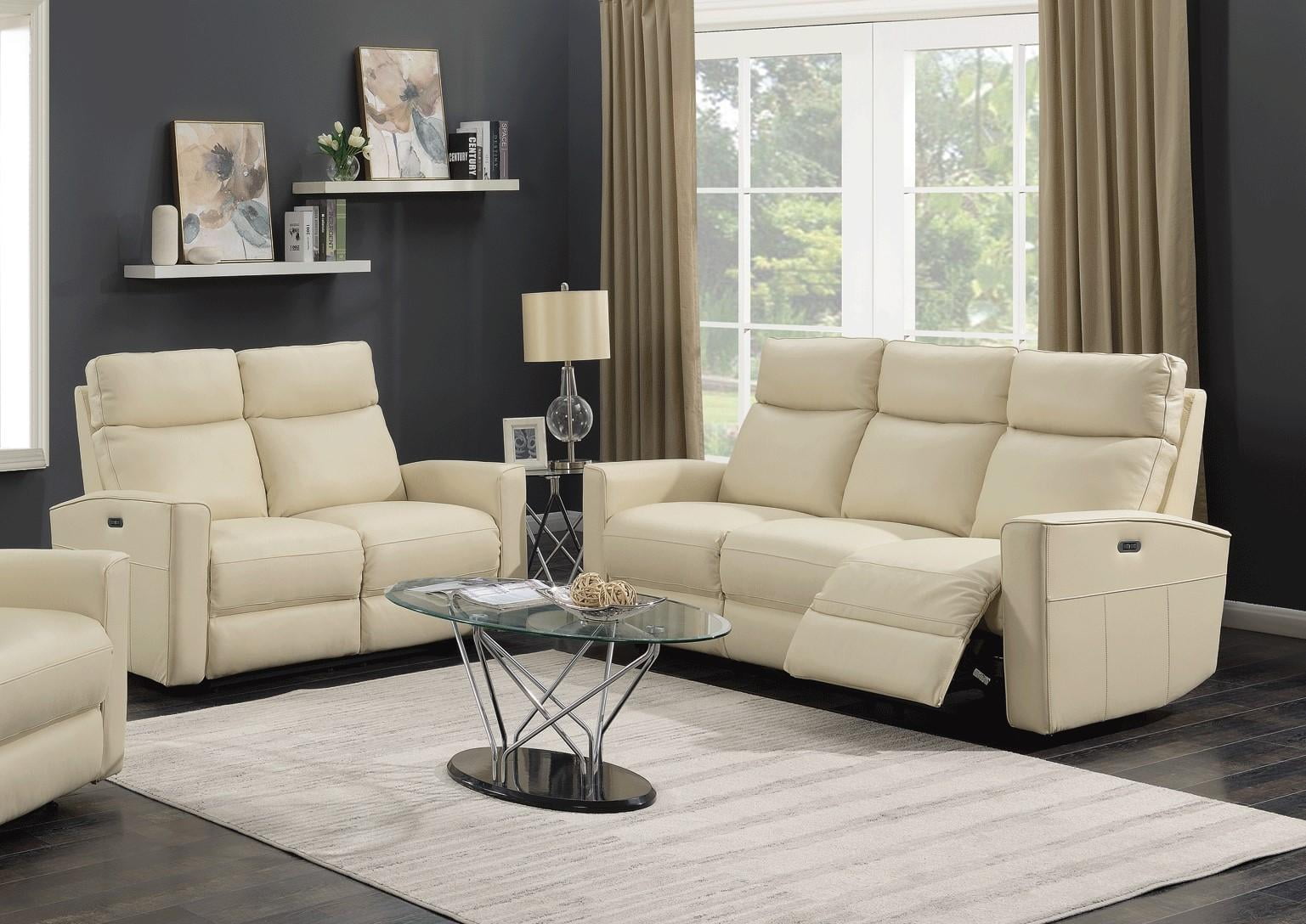 Ivory Leather Living Recliner Sofa, Ivory Leather Loveseat