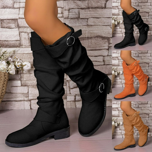 LOVZFMLL Bottes pour Femmes Mi-Mollet Bottes d'Hiver Boucle Bout Rond Antidérapantes Talon Bloc Bas Cuir Automne Hiver Mode