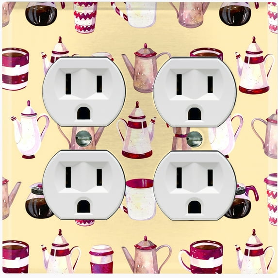 Metal Light Switch Wall Plate Outlet Cover (Coffee Mocha Espresso Tea Pot Kettle Maker Festive Cup Cream Pattern - Double Duplex)