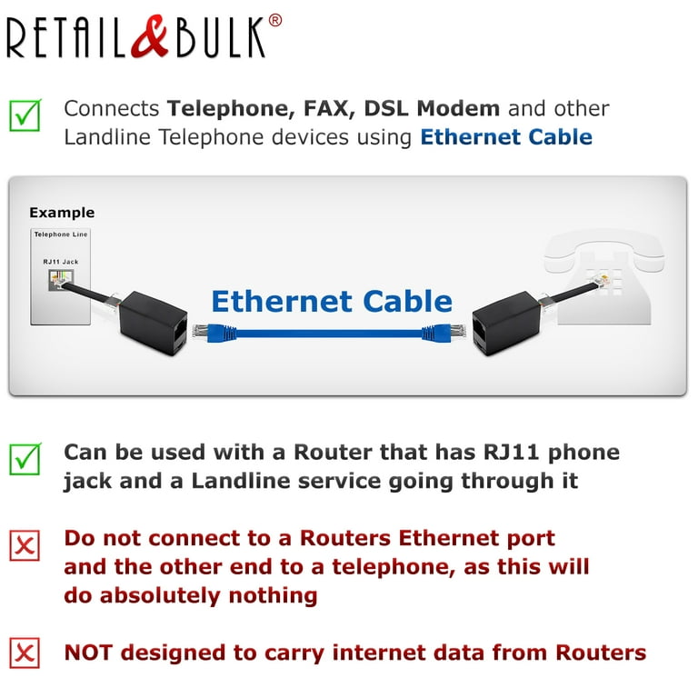 RetailAndBulk RJ11 to RJ45 Phone Jack to Ethernet Adapter, Pure