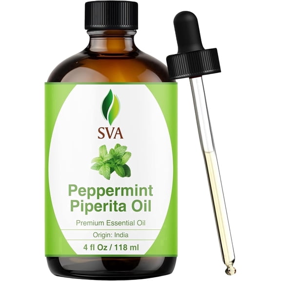 SVA Peppermint Piperita Essential Oil – 4 Fl Oz – 100% Natural Piperita Oil - for Diffuser, Hair Care, Face, Skin Care, Aromatherapy, Scalp and Body Massage, Soap and Candle Making - with Dropper