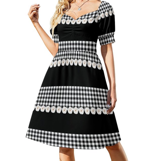 Vestido de manga corta con cuadros de búfalo blanco y negro y rosas blancas vestidos de noche elegantes para mujer vestido de fiesta 2025