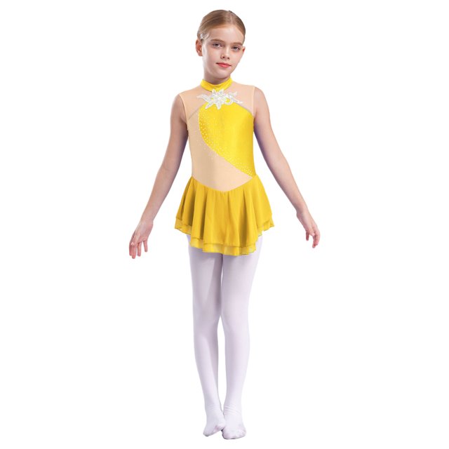 Zaldita Robe de Danse Ballet à Sequins Floraux Sans Manches pour Filles Costume de Performance Patinage sur Glace Jaune 8