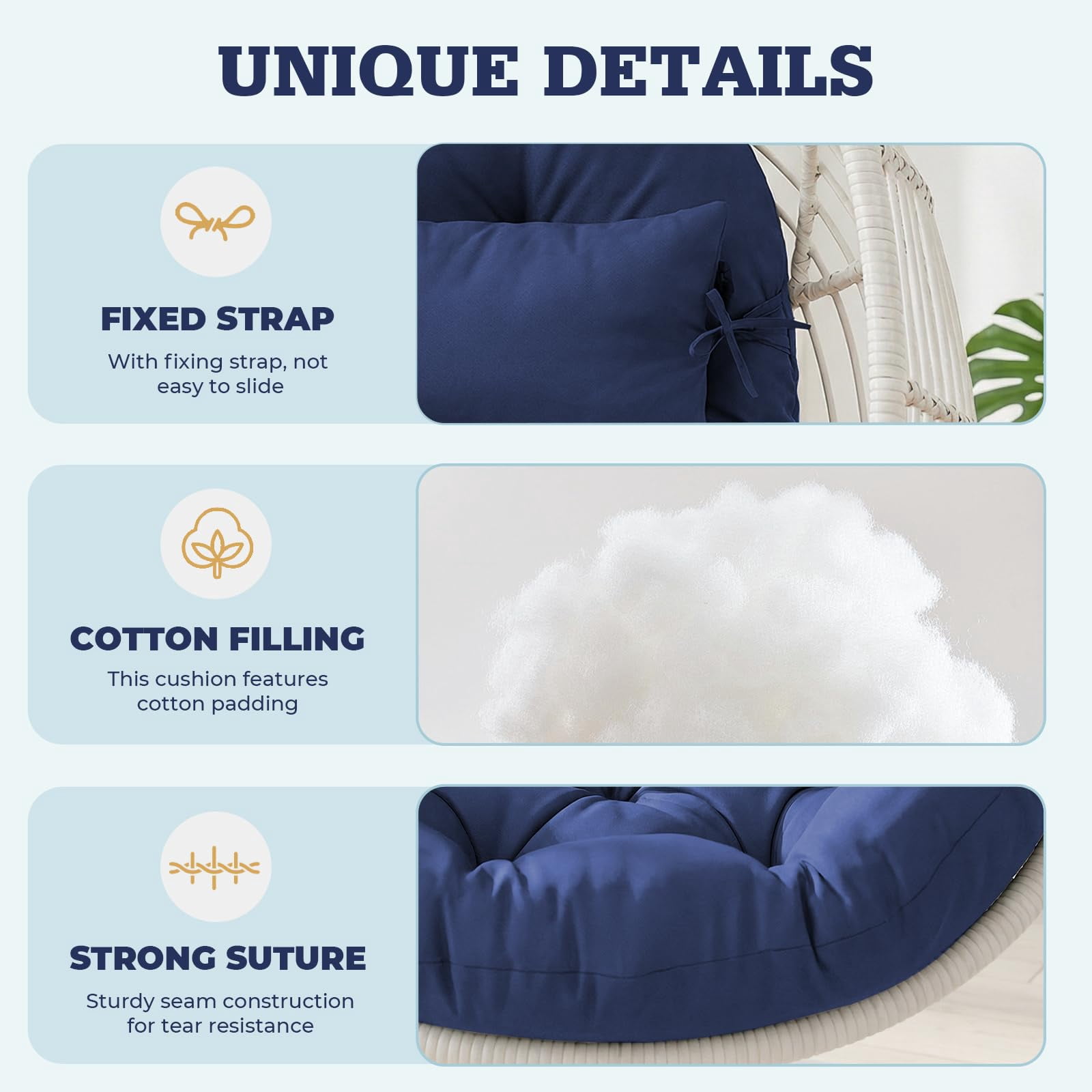 Outdoor egg Chair Cushion Replacement 51x37 Inch,Thicken Foldable Removable Waterproof Egg Chair Cushions with Headrest,Rocking Chair Cushions for Indoor Outdoor Patio Garden,Bule