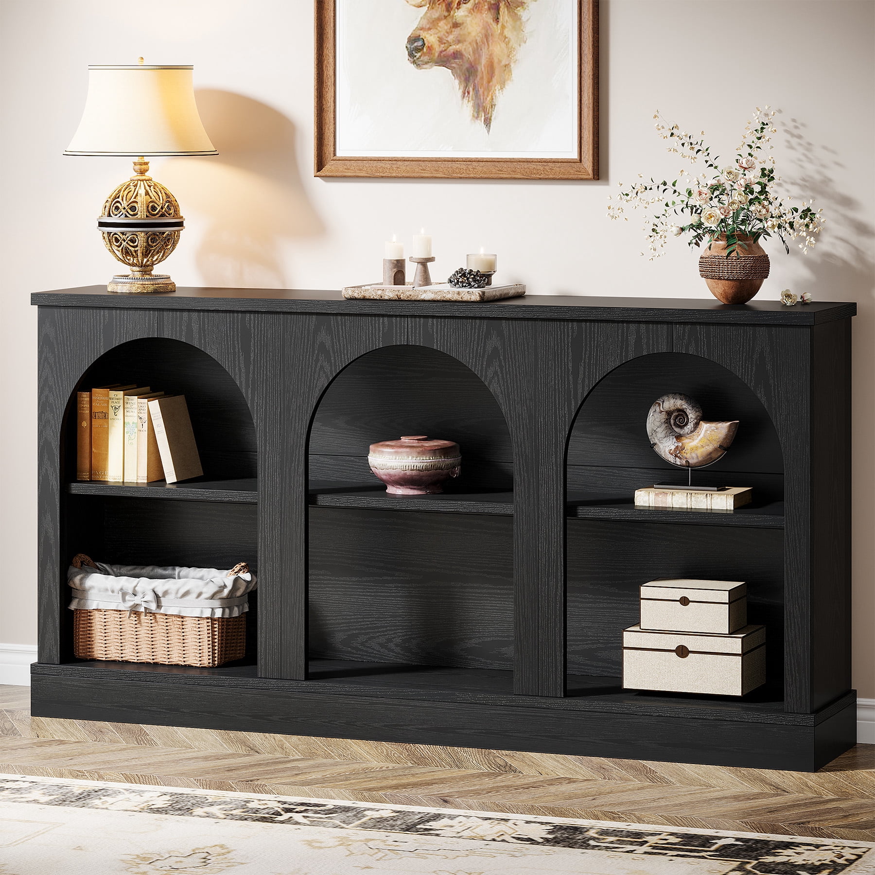 Tribesigns Farmhouse Console Table, 63-inch 3 Tier Entryway Table with Storage, Wooden Sofa Console Behind the Couch for Hallway, Black