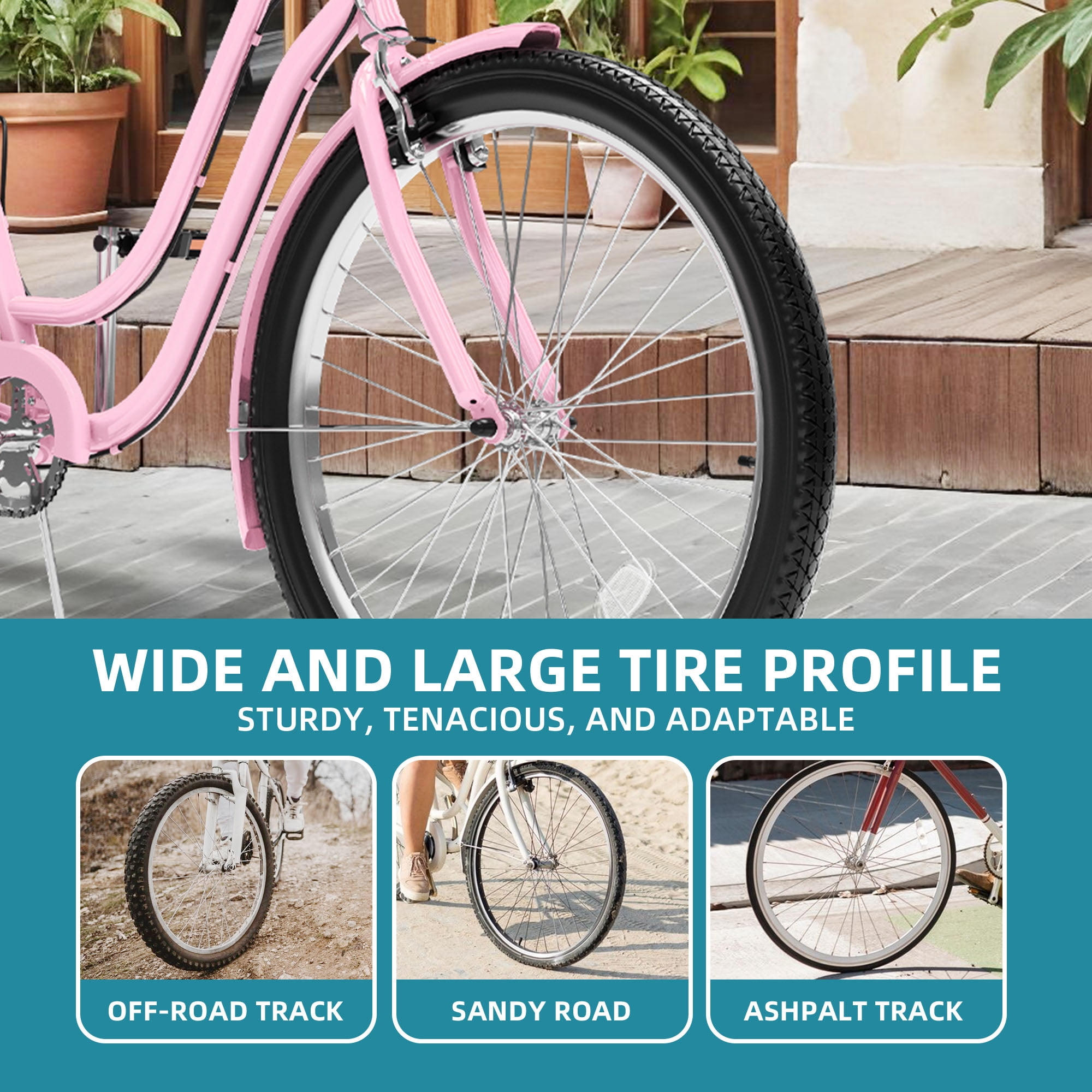 Uforic 24 Inch Beach Cruiser Bike, 7 Speed Commute Bike, Step-Through Bicycle for Adult Women & Men, Steel Frame Cruiser Bike, Pink