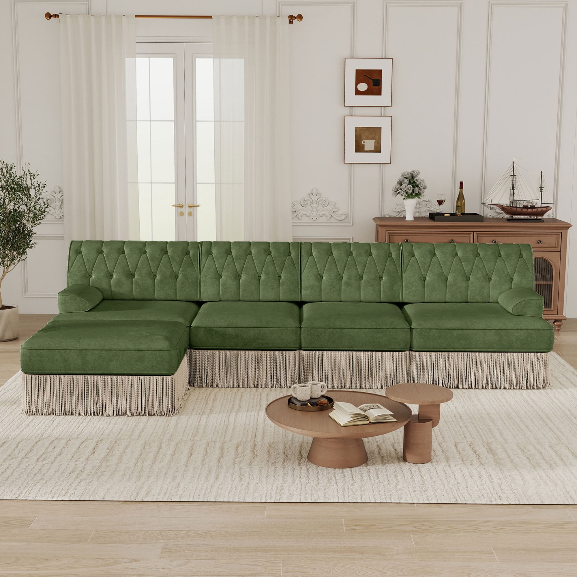 MAYEERTY 135 Inch L-Shaped Sectional Sofa, Pet Friendly Chesterfield Modular Couch with Ottoman, Wooden Base for Living Room Bedroom Rest Area