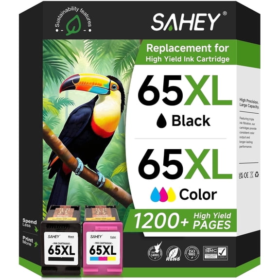 65XL Ink Cartridges Compatible for HP 65 ink cartridge Black and Tri-Color Printer Ink for HP DeskJet 3772 3752 3755 Envy 5055 5010 5000 ( 2 Pack)