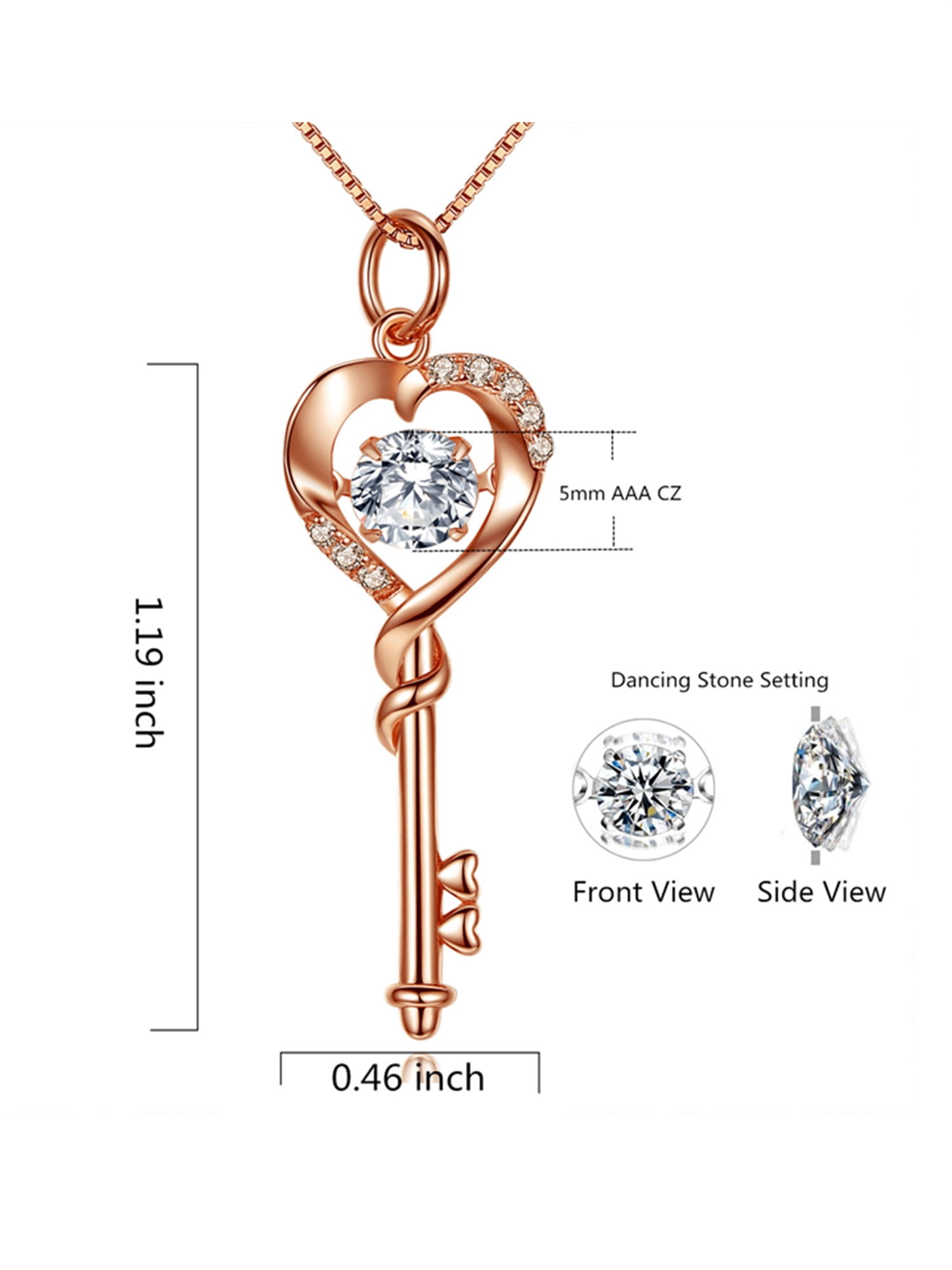 MABELLA Dancing Diamond Key to Heart Rose Gold Plated Sterling Silver Key Pendant Necklace, Mother's Day Gifts for Women