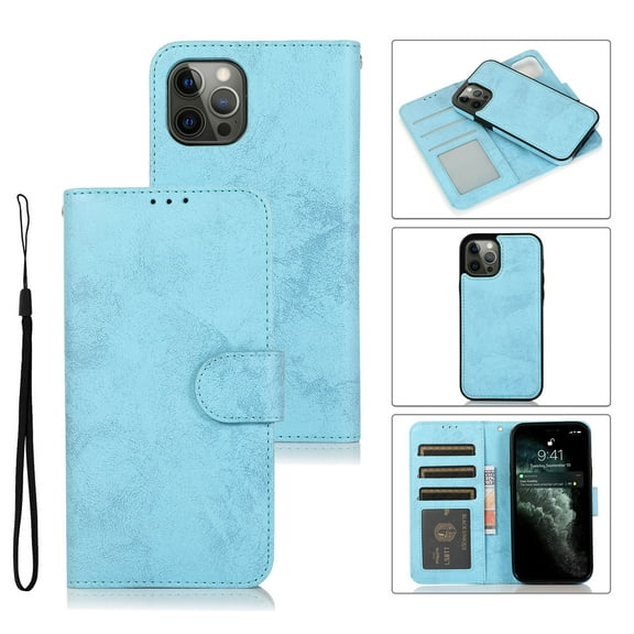 Detachable Wallet Case for iPhone 16 Pro, Card Slots Holder Premium PU Leather Magnetic Kickstand Shockproof Wrist Strap Removable Flip Protective Cover for iPhone 16 Pro, Lightblue