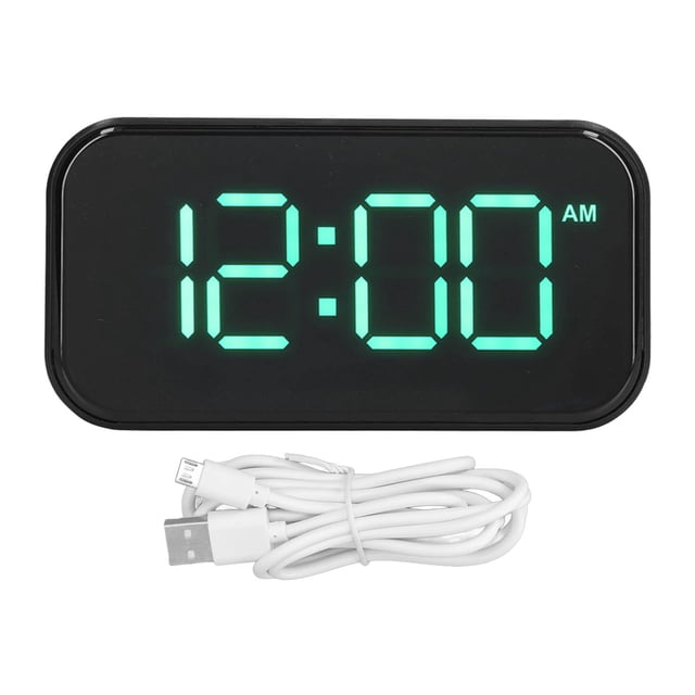 Reloj despertador digital con gran número USB, espejo recargable, reloj electrónico de escritorio para dormitorio, sala de estar, oficina, caja negra, fuente verde