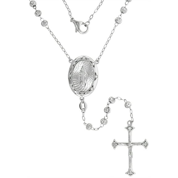 Sterling Silver Cubic Zirconia Rosary Necklace Small CZ Crucifix Miraculous Medal Center 3mm Moon Cut Beads Rhodium Finished 22 inch