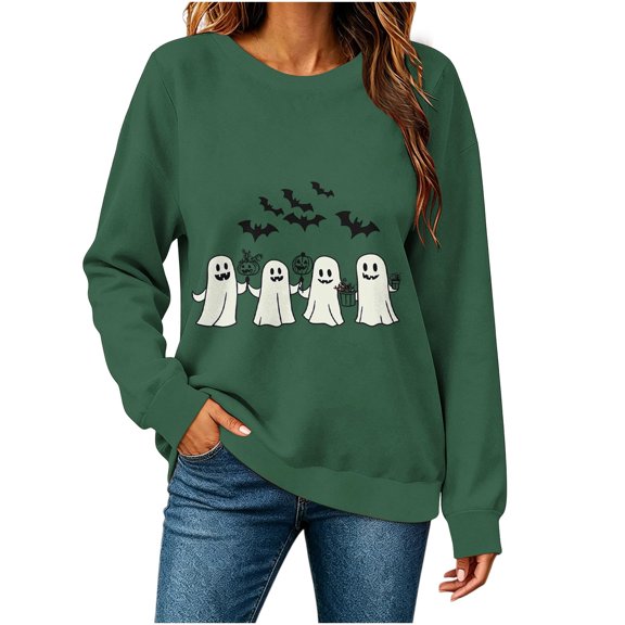 Xdegoge Women's Cute Ghost Halloween Sweatshirt Funny Graphic Print Long Sleeve Crewneck Pullover Fall Casual Tops Oversized Slouchy Shirts for Trick or Treat