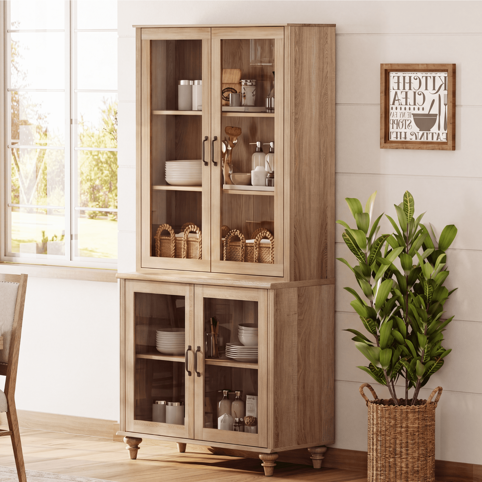 Oak 5-Tier Bookcase with Glass Doors and Adjustable Shelf, Farmhouse Library Wooden Bookshelves for Living Room, Office, Kitchen