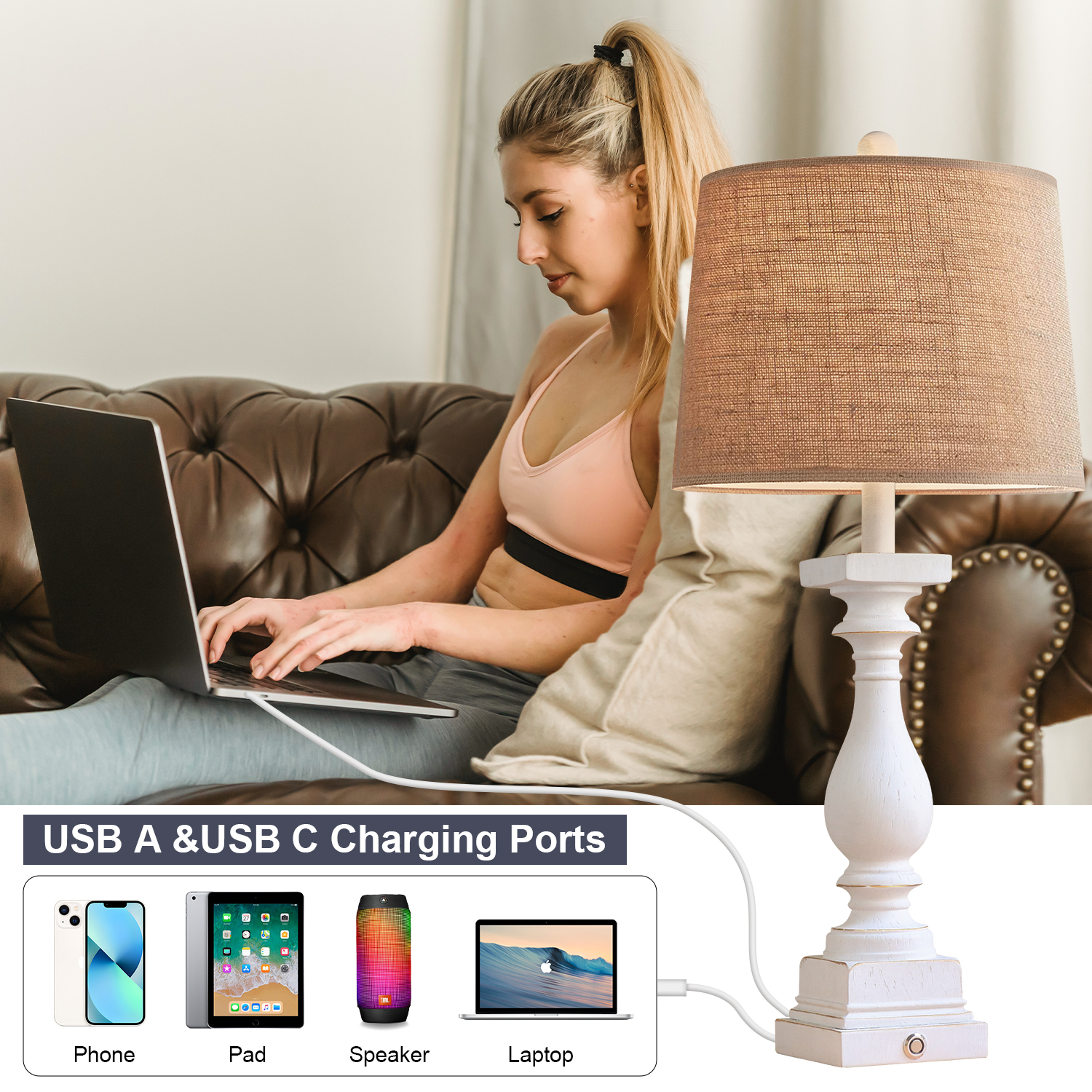 Oneach 3 Way Dimmable Touch White Table Lamp Set of 2 with USB Ports for Living Room Bedroom 27.75" Farmhouse Resin Bedside Nightstands Lamps(Bulbs)