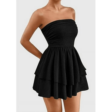 Sweet summer women's strapless dress, off shoulder smoked ruffled A-line flowing party club dress, tubular mini dress