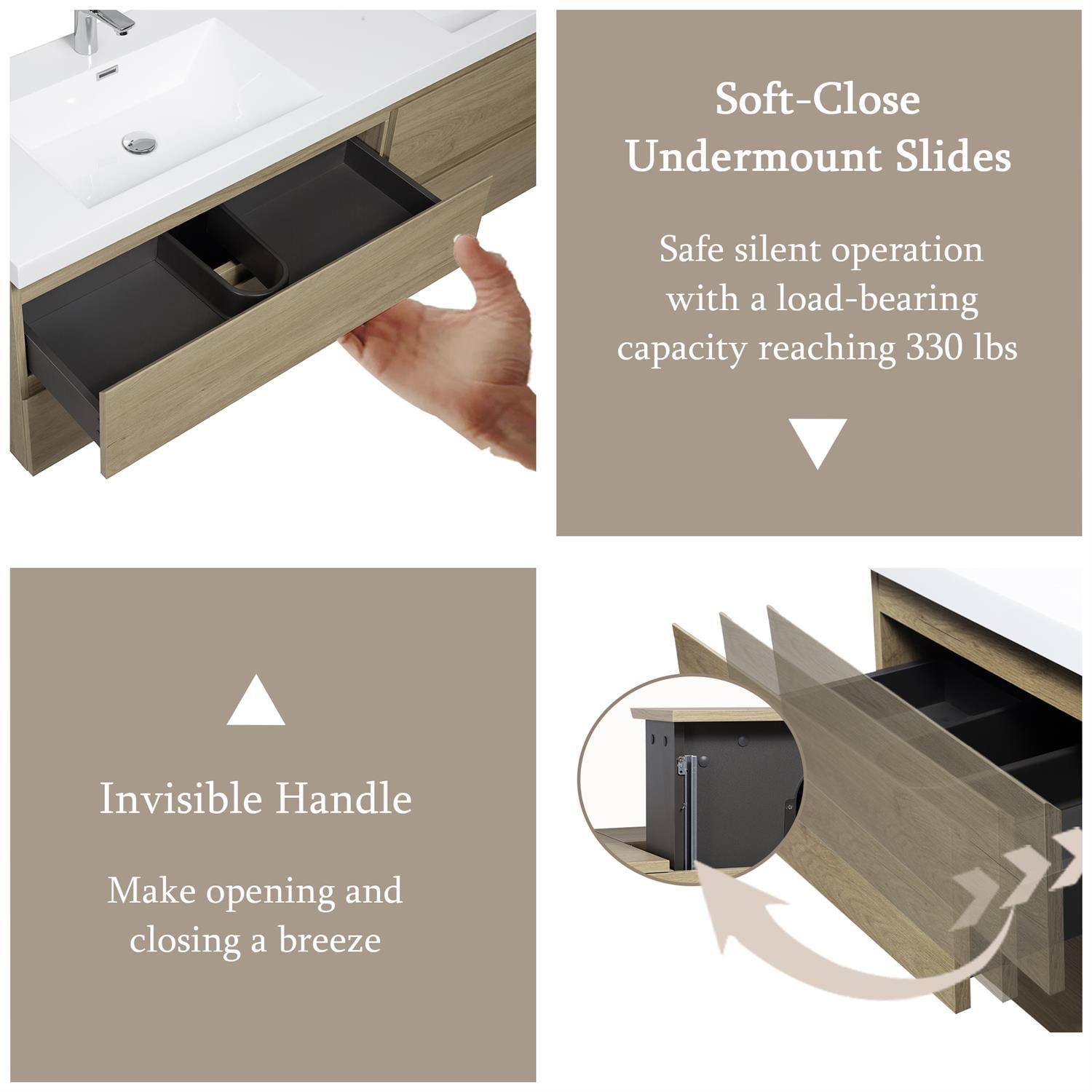 Demi Bonn 72" Floating Bathroom Vanity with Sink, Double Resin Top Basin and 4 Soft Close Drawers, Faucets and Drains Not Included, Brown