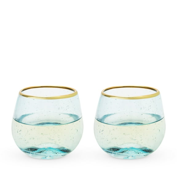 Twine Aqua Bubble Gold Rim Stemless Wine Glasses, Party Gifts 12oz Set of 2
