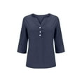thumbnail image 4 of BRGZLK Summer 3/4 Sleeve T-Shirts for Girl Trendy Solid Color Imitation Cotton and Linen V-Neck Button Holiday Relaxed Fit Tees Navy 9-10 Years, 4 of 5