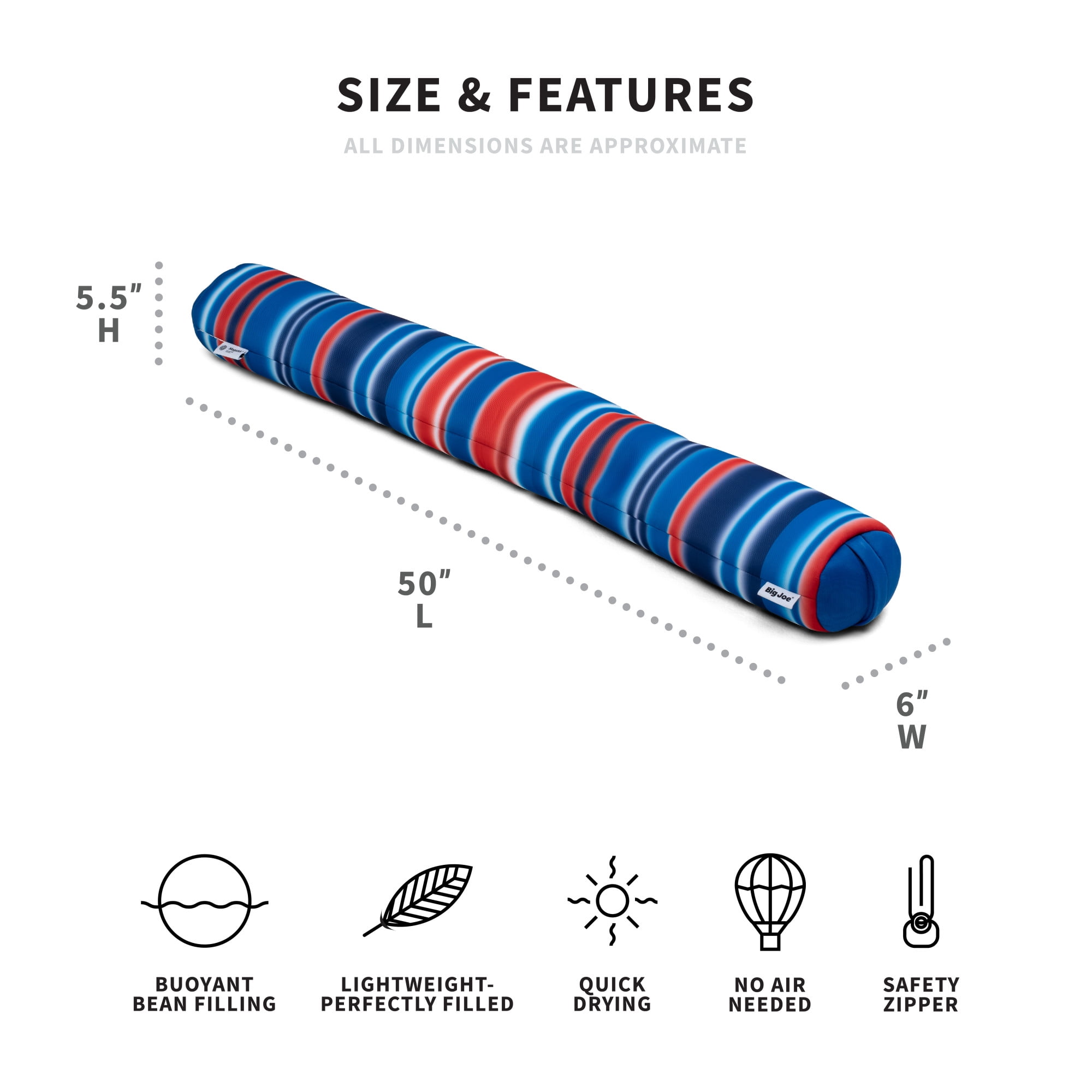 Big Joe Noodle Pool Float Kids and Adults Doubled Sided Mesh 4 feet Bean Filled Pool Float with No Air Required Blurred Americana