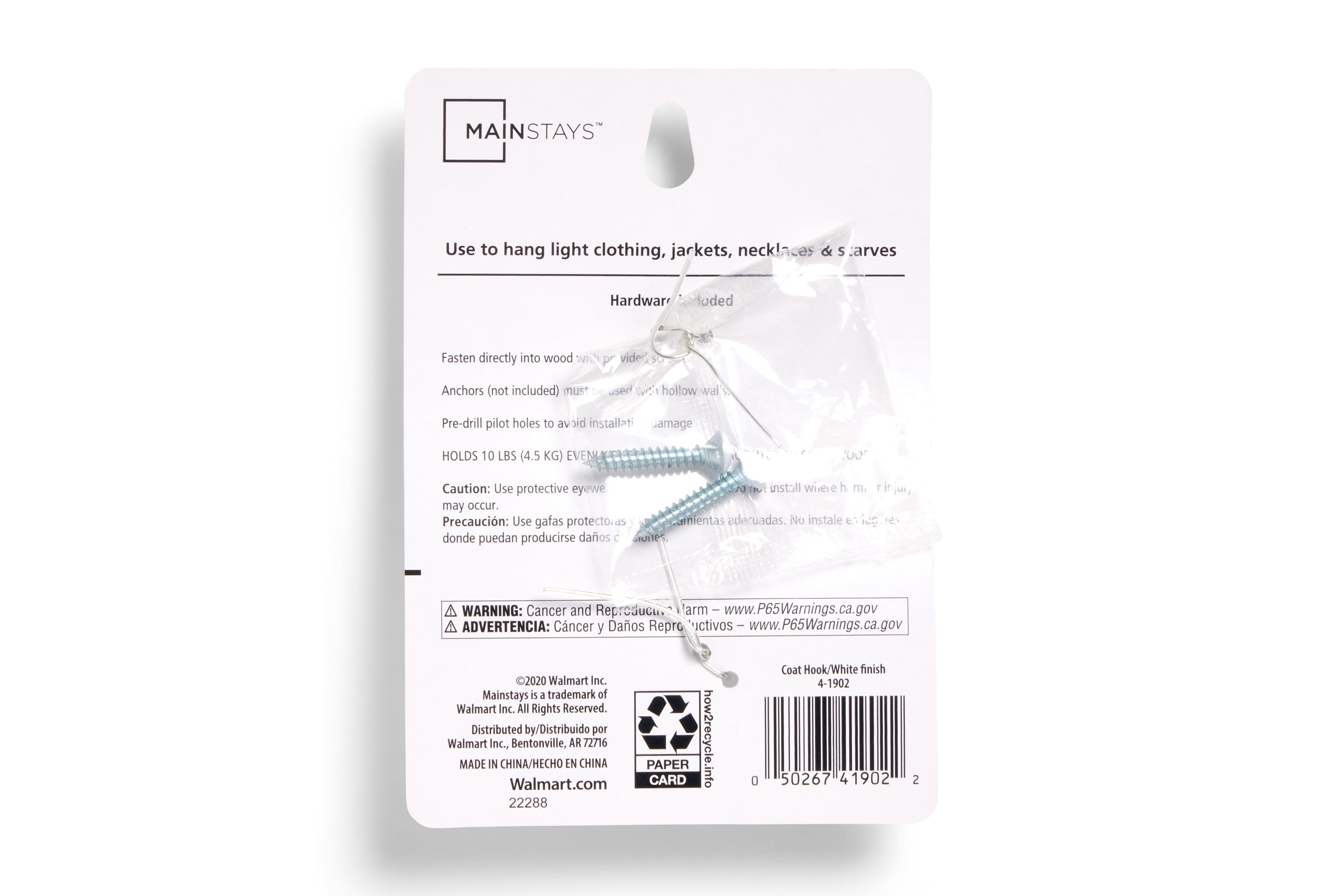 Mainstays, Double Hook White Metal Hook for Hanging Towels and Coats, 10 lbs Capacity, 1 ct