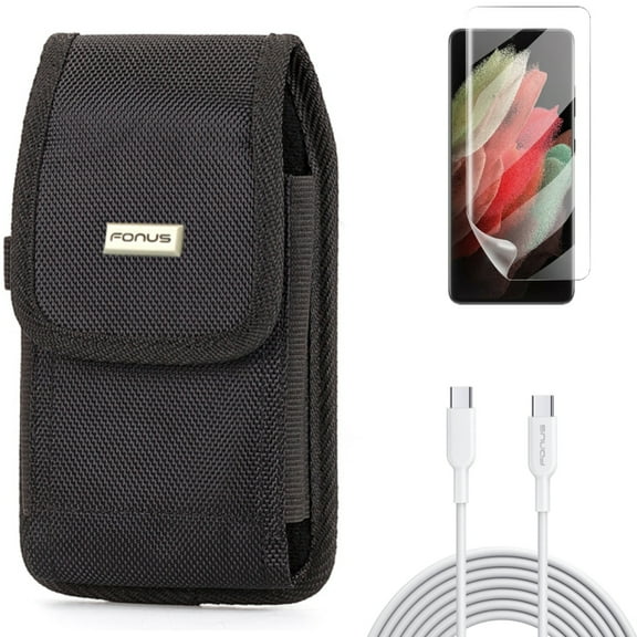 10ft Long Type-C Cable & Case Belt Clip & Matte Screen Protector for Samsung Galaxy S21 Ultra Phone - Fast Charger Cord PD & Rugged Holster & TPU Film Anti-Glare Accessory Bundle
