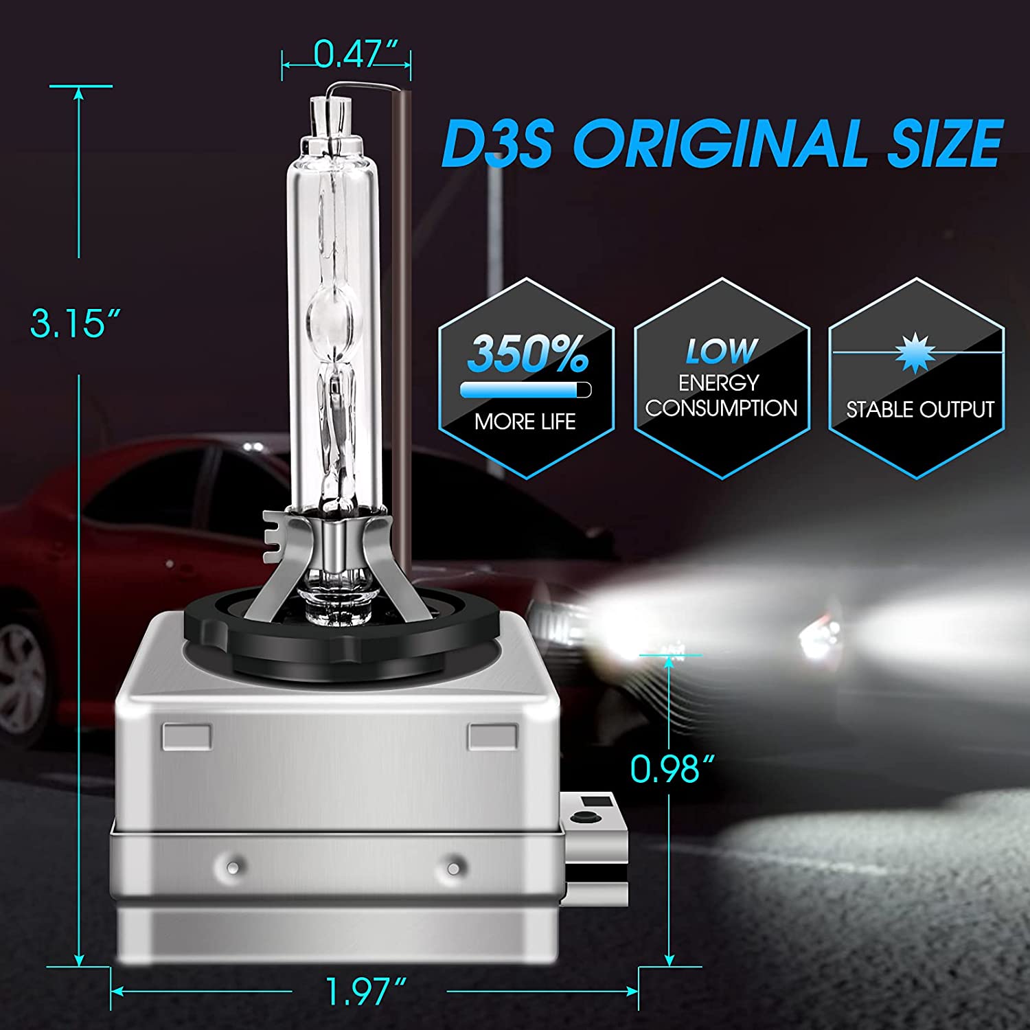 ENERGETIC D3S Headlight Bulb, Super Brighter Daylight HID Xenon Bulbs, 35w  42V Original High a Low Beam Car Lamps, IP68 Waterproof HId Xenon