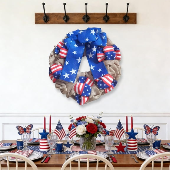 Anniversary Patriotic Wreath, Forth of July Rustic Farmhouse Wreath, Patriotic Stars Ruffled Ribbon Wreath for Indoor and Outdoor