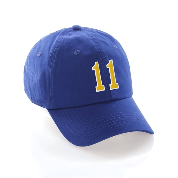 Customized Number Hat 00 to 99 Team Colors Baseball Cap, Blue Hat White Gold Number 11