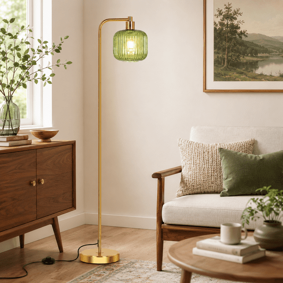 Laybasic Vintage Floor Lamps for Living Room, Mid Century Modern Standing Lamp with Ribbed Glass Lampshade Pedal Switch, 67" Retro Tall Lamp for Bedroom Study Room