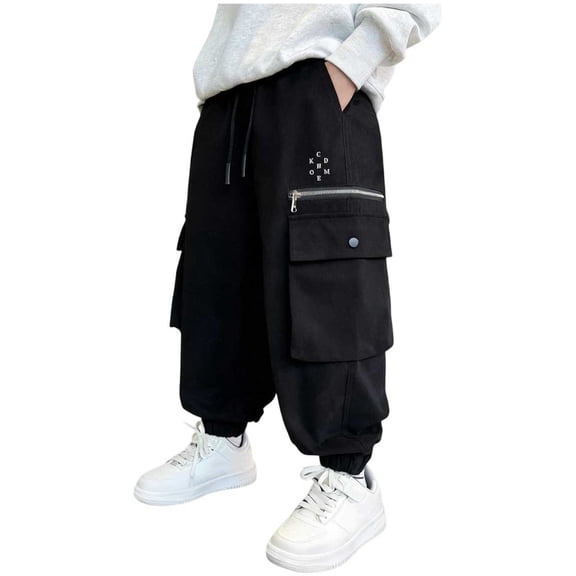 AHTJRT Casual Cargo Joggers for Boys Girls Kids Youth Loose Fit Tapered Track Pants with Multiple Zippered Pockets Fall Spring Running Hiking Joggers Black 11-12 Years