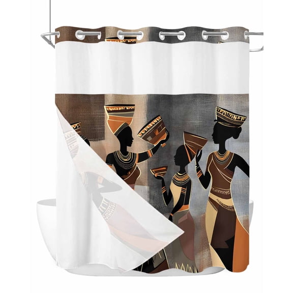 No Hook Cloth Fabric Shower Curtain with Snap in Liner, Black Brown Girls Boho Waterproof Shower Curtains Set with See Through Top Window, Grey Vintage Ethnic Abstract Art Bath Curtains 72"x72"