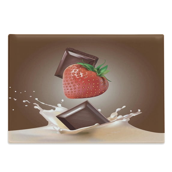 Fruit Cutting Board, Strawberries Chocolate and Milk Design Drink Ingredients on Brown Ombre Background, Decorative Tempered Glass Cutting and Serving Board, Large Size, Multicolor, by Ambesonne