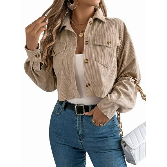 Womens Fashion Cropped Shackets Corduroy Button Down Crop Jackets Tops Long Sleeve Shirts Trendy 2025 Khaki L