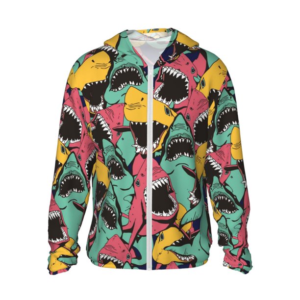 Balery Angry Shark Pattern Sudadera ligera de manga larga con capucha y protección solar UPF 50+ para hombre y mujer, ideal para pesca y running-X-Large