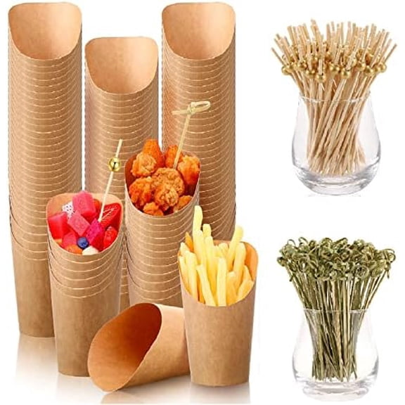 500 Pcs Paper Charcuterie Cups Disposable Set Include 100 Kraft Paper Appetizer Cups 12 oz with 400 Bamboo Cocktail Picks 2 Type for French Fry Cream Cones Food Containers(Brown)